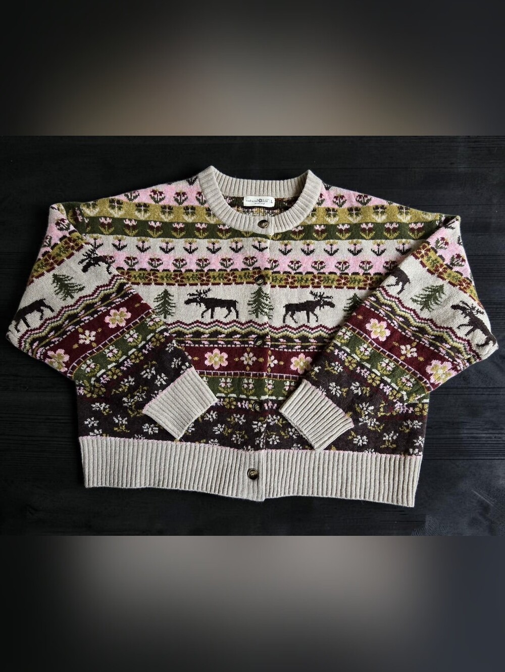 Natural Life Cottagecore Moose Fair Isle Jacquard Cardigan Sweater Large